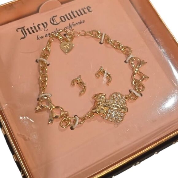 Juicy Couture Rhinestone Heart Bracelet Chain Bracelet & J Logo Earrings - Picture 5 of 7